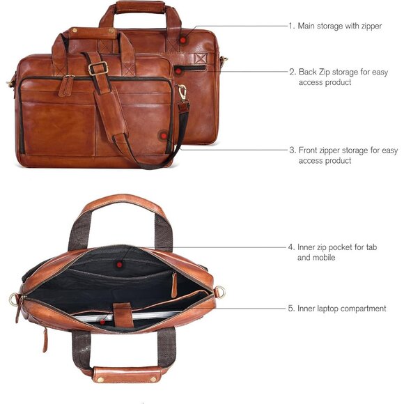 ⚡Men and Women Vintage Tan Oak Leathers Laptop Briefcase Messenger Bag - Picture 3 of 9